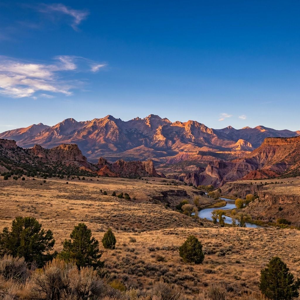 A scenic view of mountains with a river flowing through a valley.