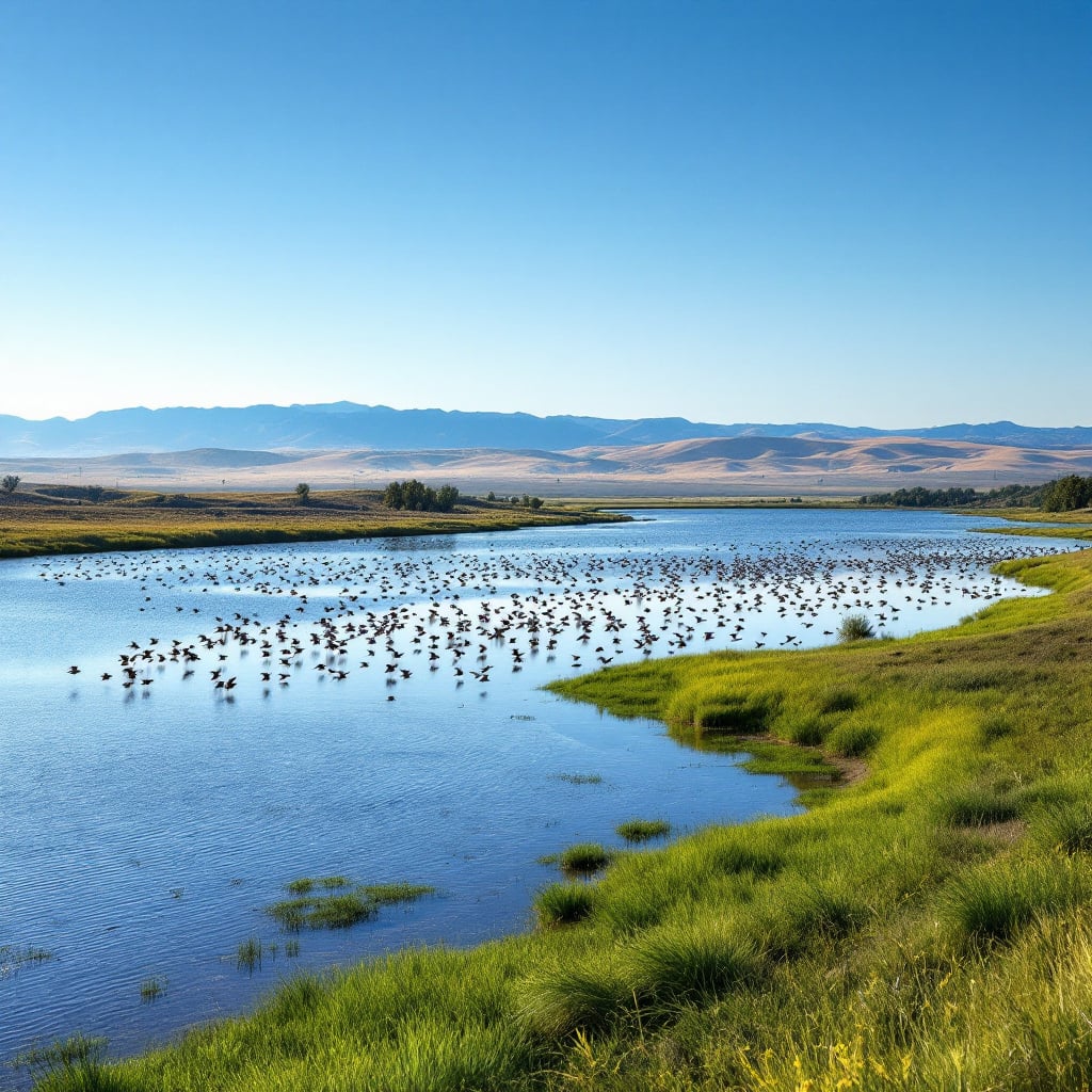 A serene landscape featuring a river with a flock of birds flying over it, surrounded by green grass and distant mountains.