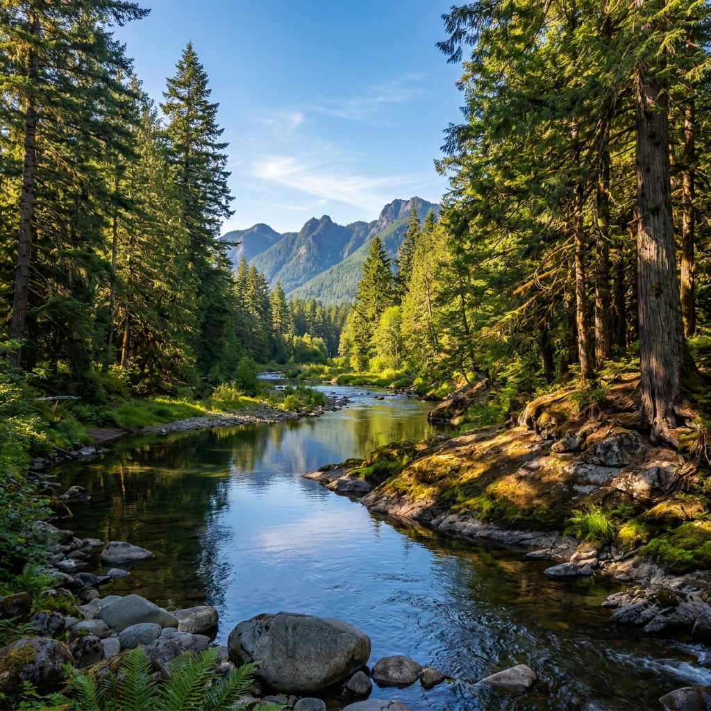 A serene river flows through a lush forest with mountains in the background.