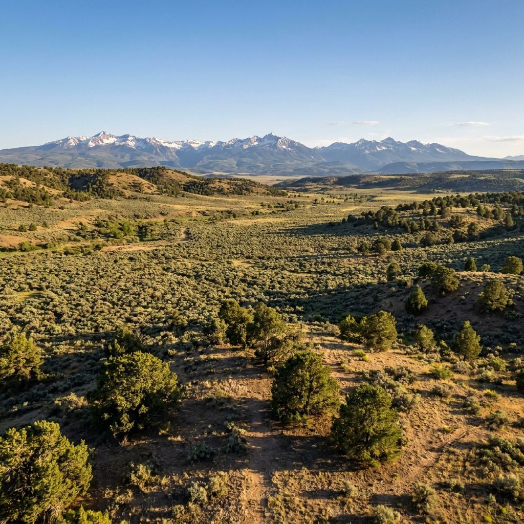 A panoramic view of a mountainous landscape with green valleys and trees in the foreground.