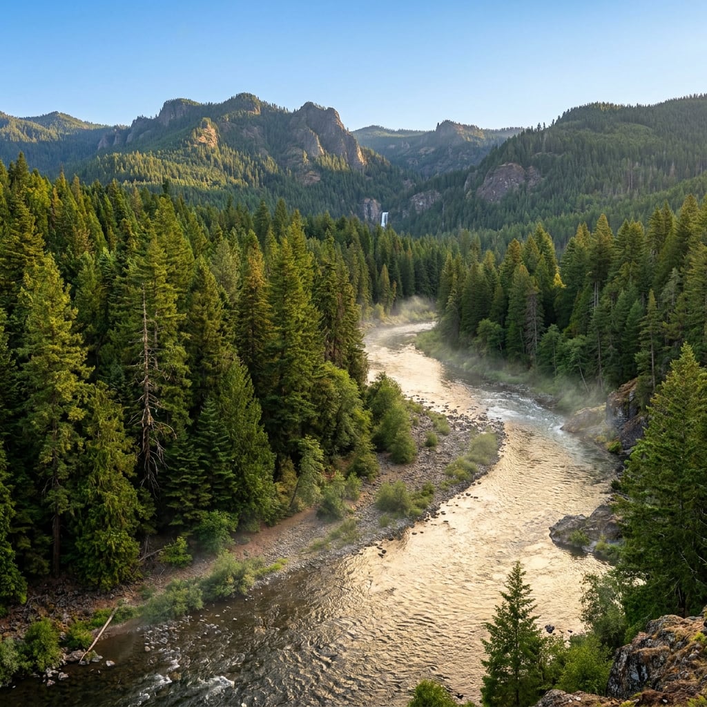 A winding river flows through a dense forested landscape with mountains in the background.