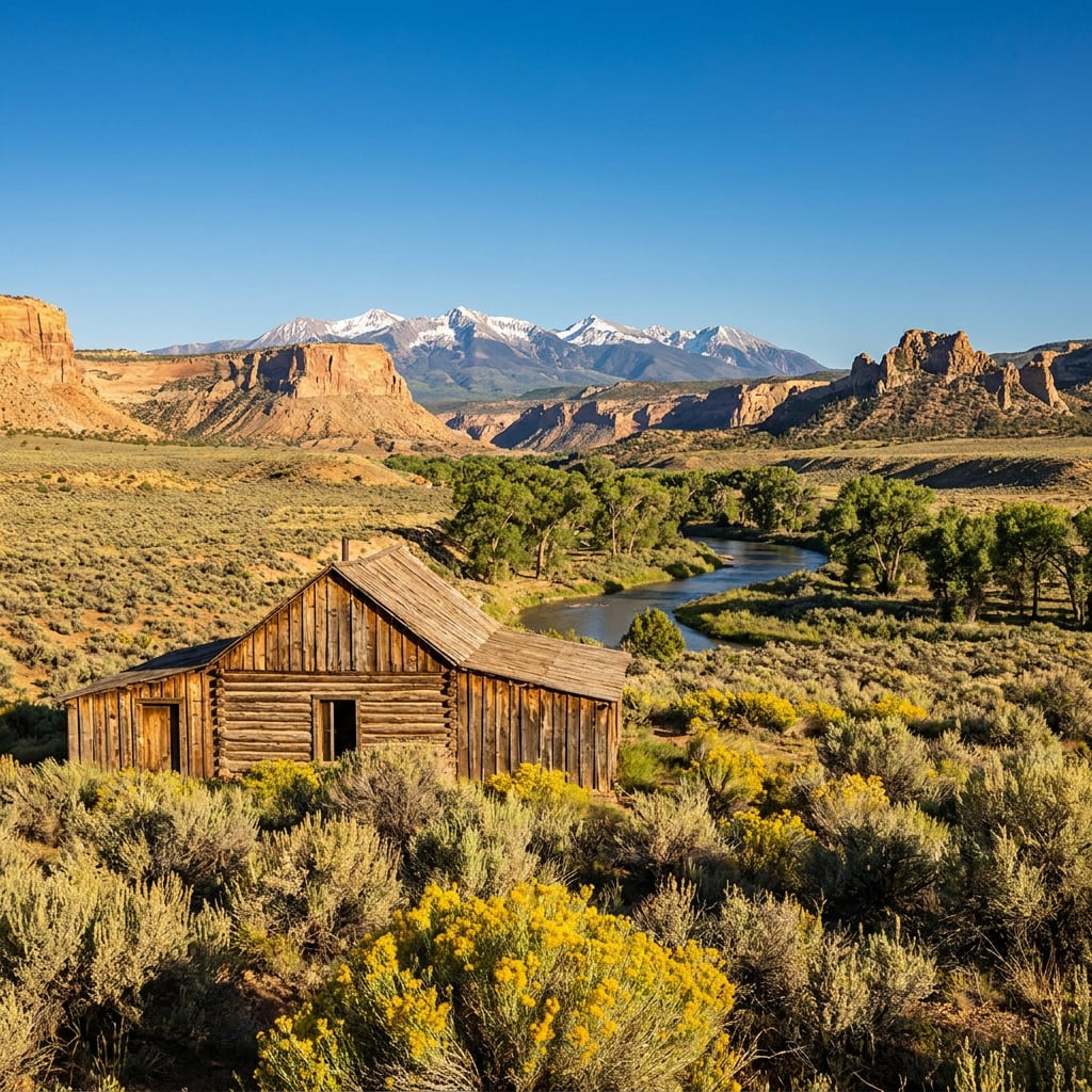 A rustic wooden cabin is situated in a valley with mountains in the background and a river flowing nearby.