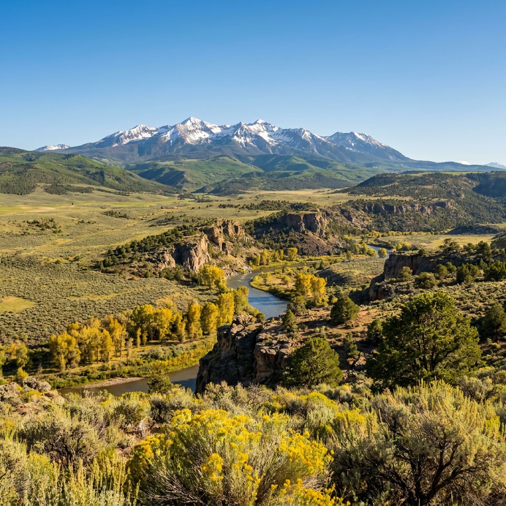 A scenic view of mountains with snow-capped peaks overlooking a river and lush green valley.