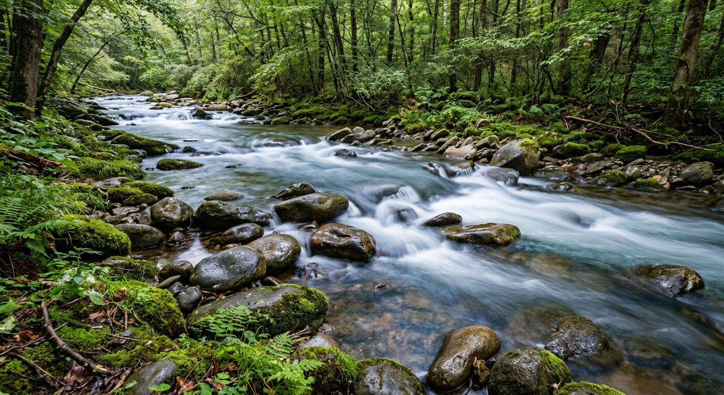 A serene river flows through a lush green forest.