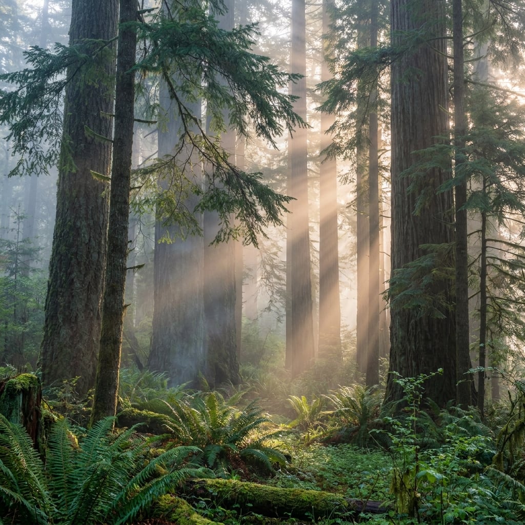 A misty forest with tall trees and sunlight filtering through the foliage.