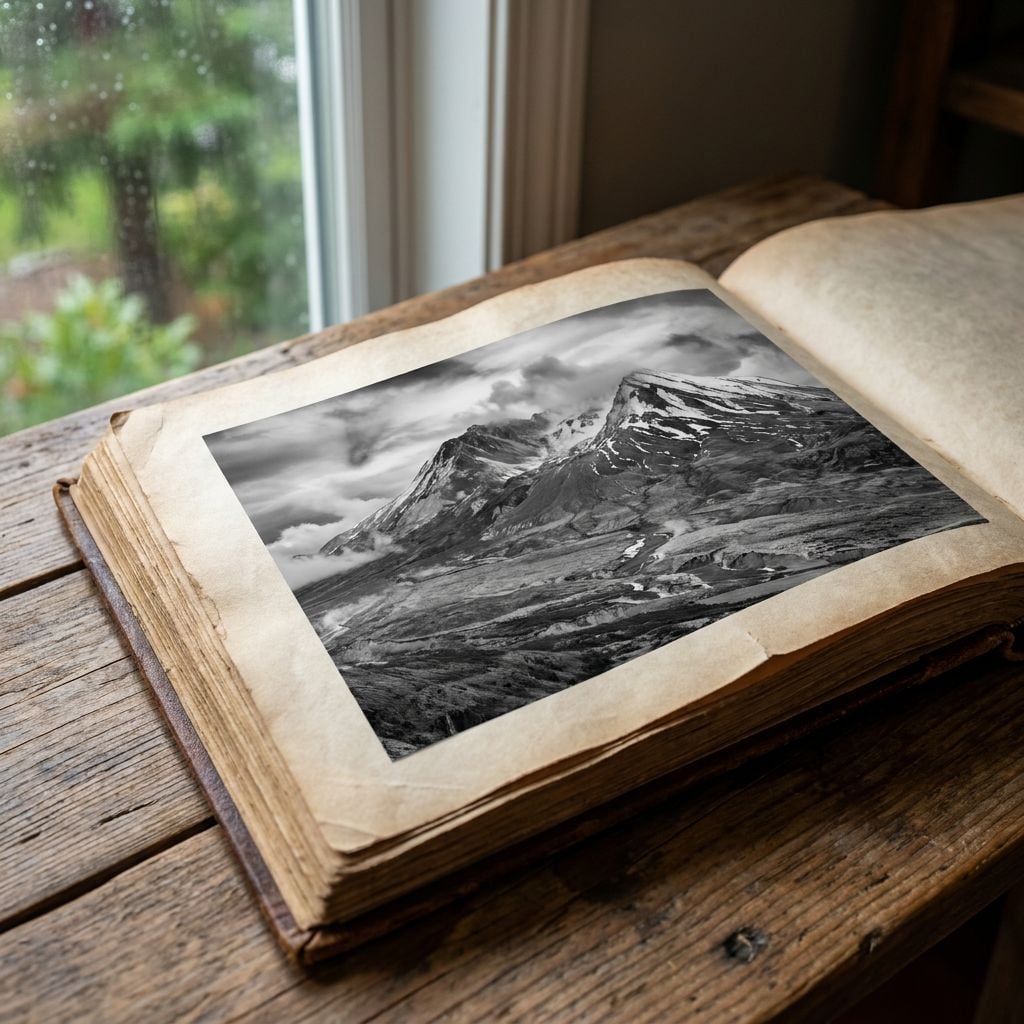An open vintage book displaying a black and white photograph of mountains.