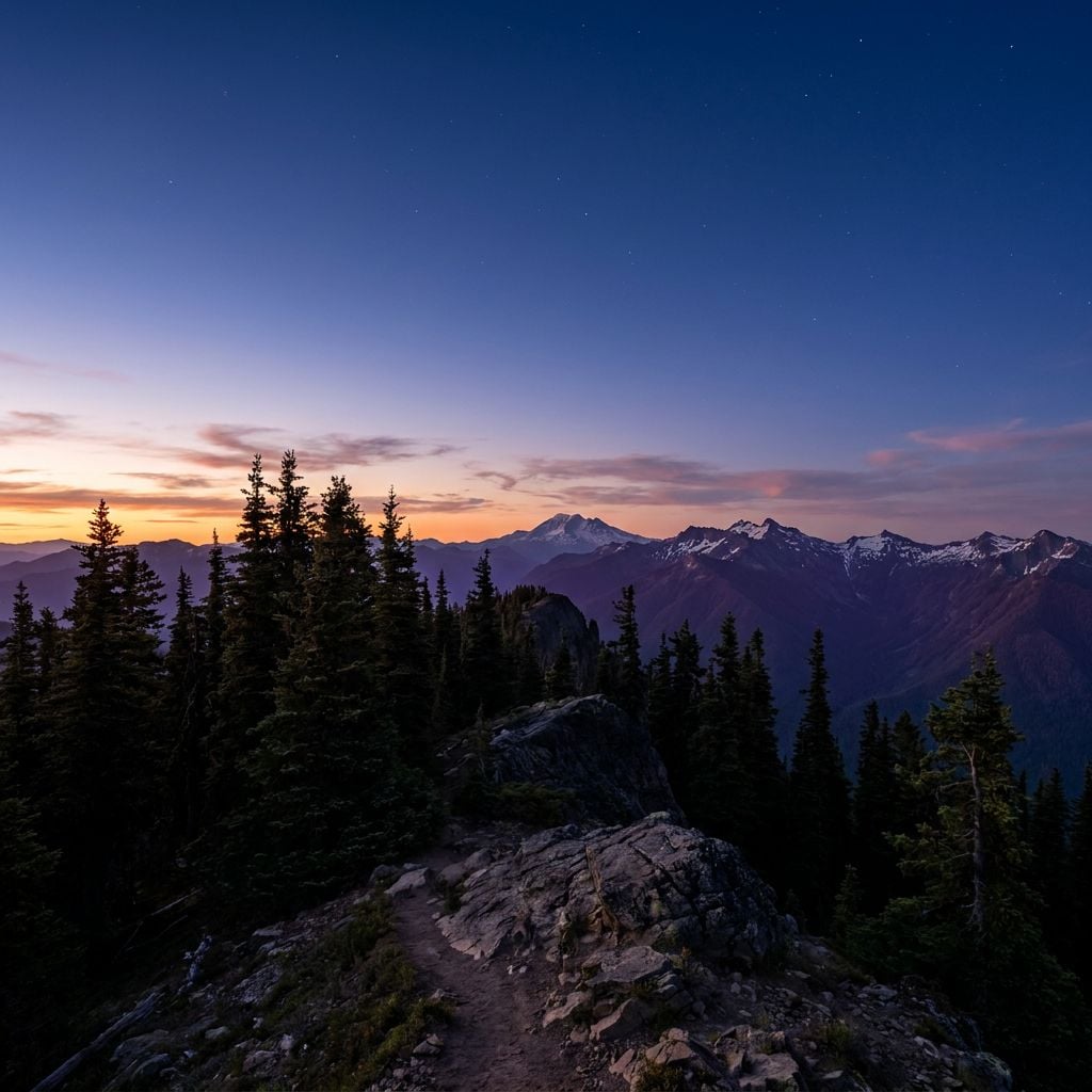 A scenic view of mountains at sunset with a clear sky and pine trees in the foreground.