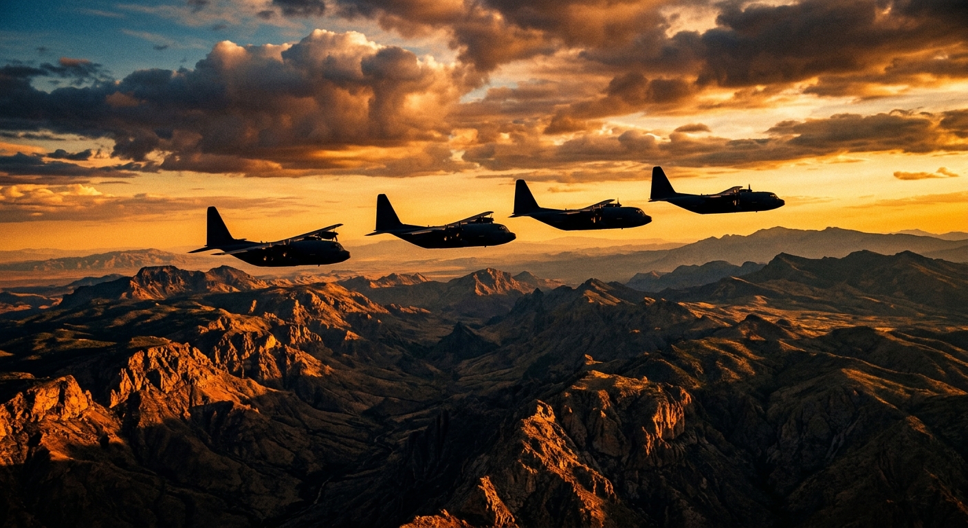 Four military aircraft fly over a mountainous landscape during sunset.
