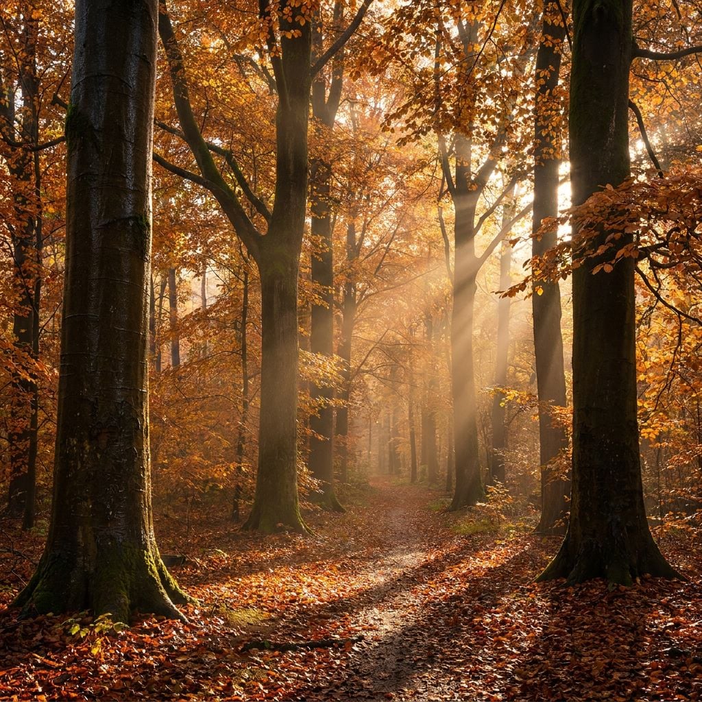 A serene forest scene with tall trees and sunlight filtering through autumn leaves.
