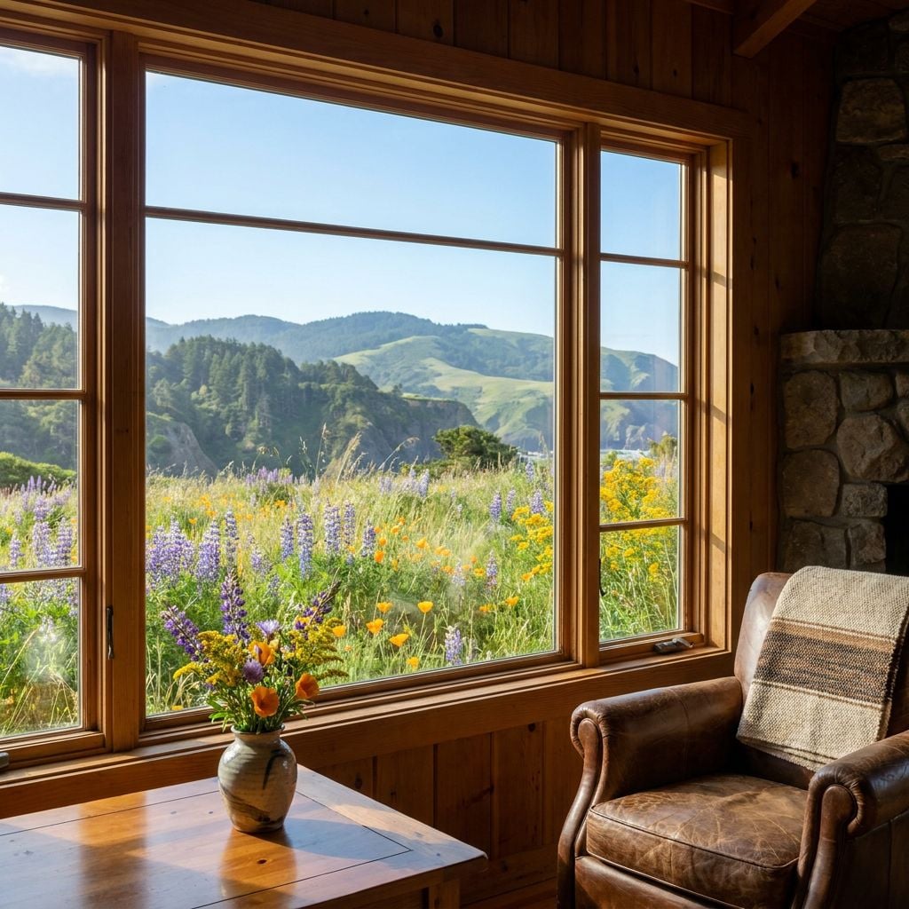 A cozy interior with a view of a colorful flower field and mountains through a large window.