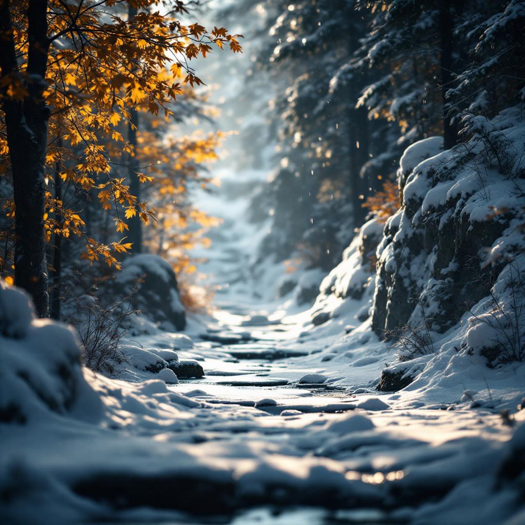 A snowy pathway surrounded by trees with autumn leaves.