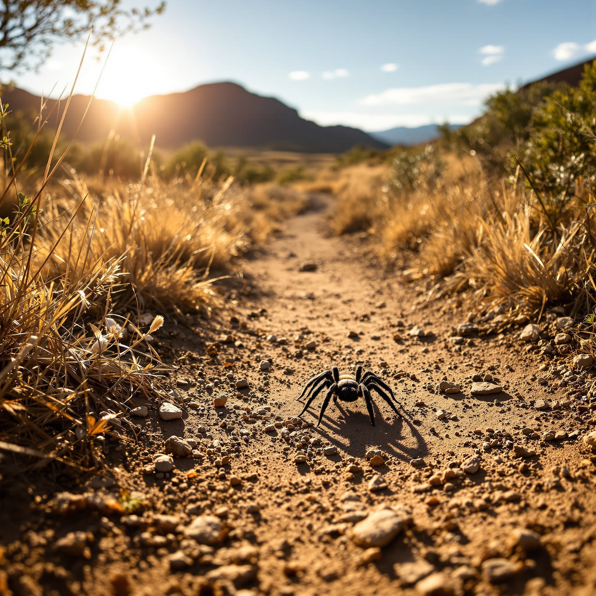 A black spider is crawling on a dirt path surrounded by dry grass and mountains in the background during sunset.