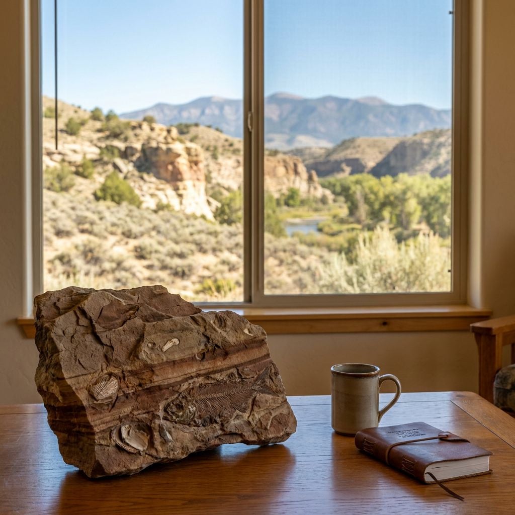 A large rock sits on a wooden table in front of a window showcasing a mountainous landscape.