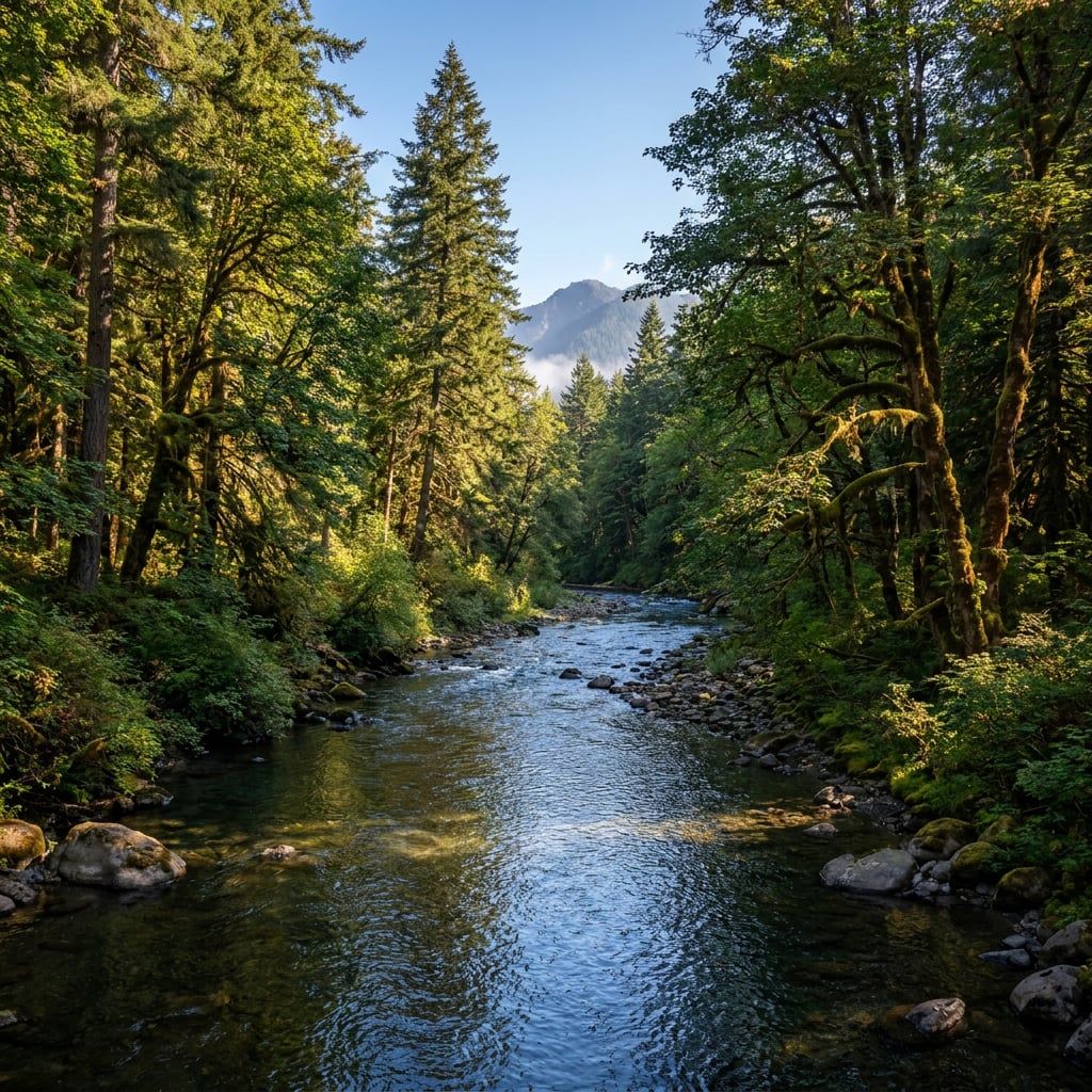 A serene river flows through a lush green forest with mountains in the background.