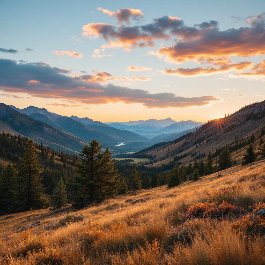 A scenic view of a valley surrounded by mountains during sunset.