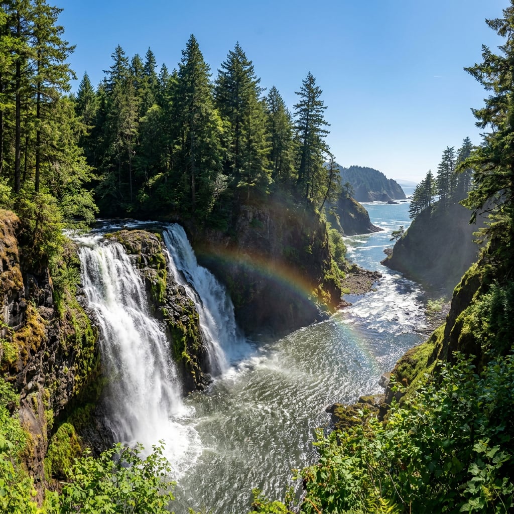 A scenic waterfall surrounded by lush green trees and a rainbow in the mist.