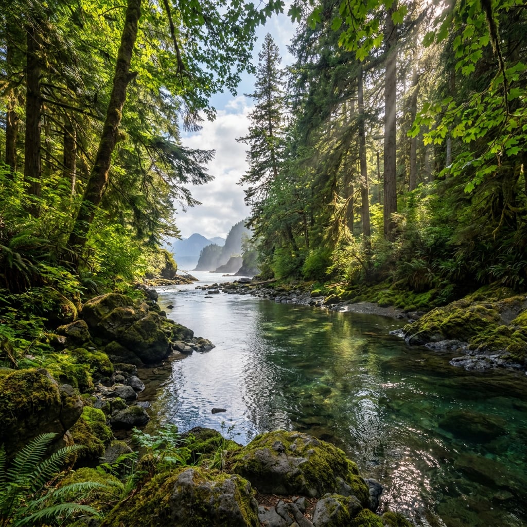 A serene river flows through a lush green forest with mountains in the background.