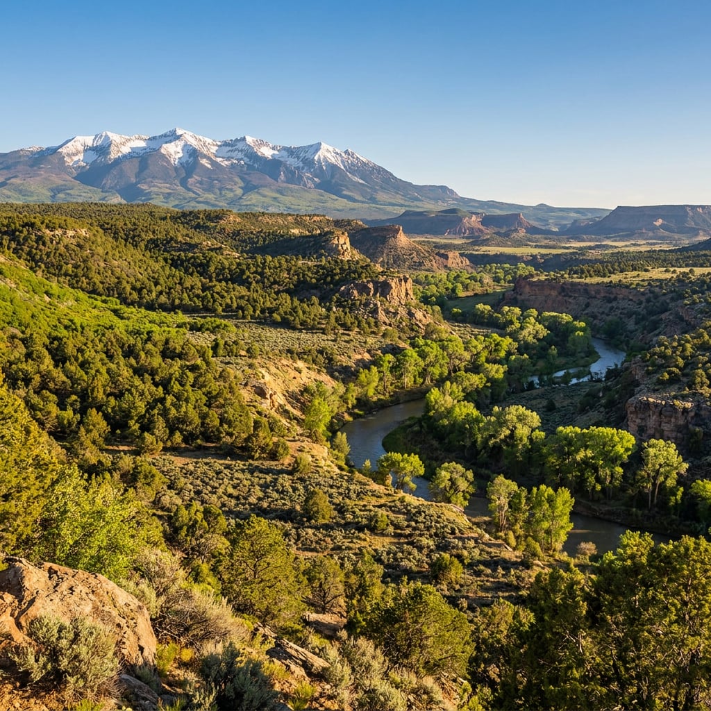 A scenic view of a river winding through a lush green valley with snow-capped mountains in the background.