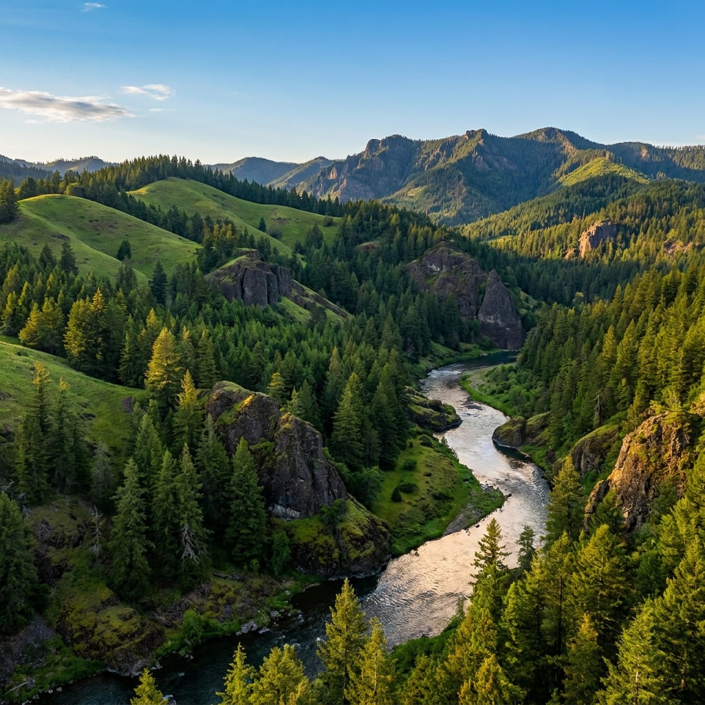 A scenic view of a river winding through lush green hills and forests under a clear blue sky.