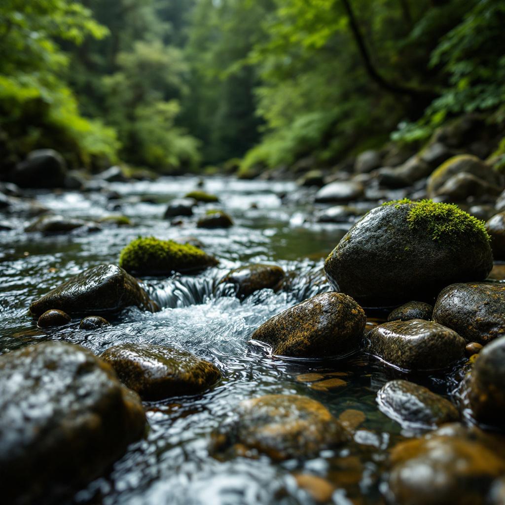 A serene stream flows over smooth stones in a lush green forest.