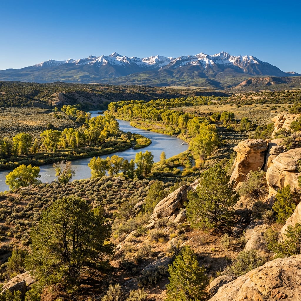 A scenic view of a river winding through a lush valley with snow-capped mountains in the background.