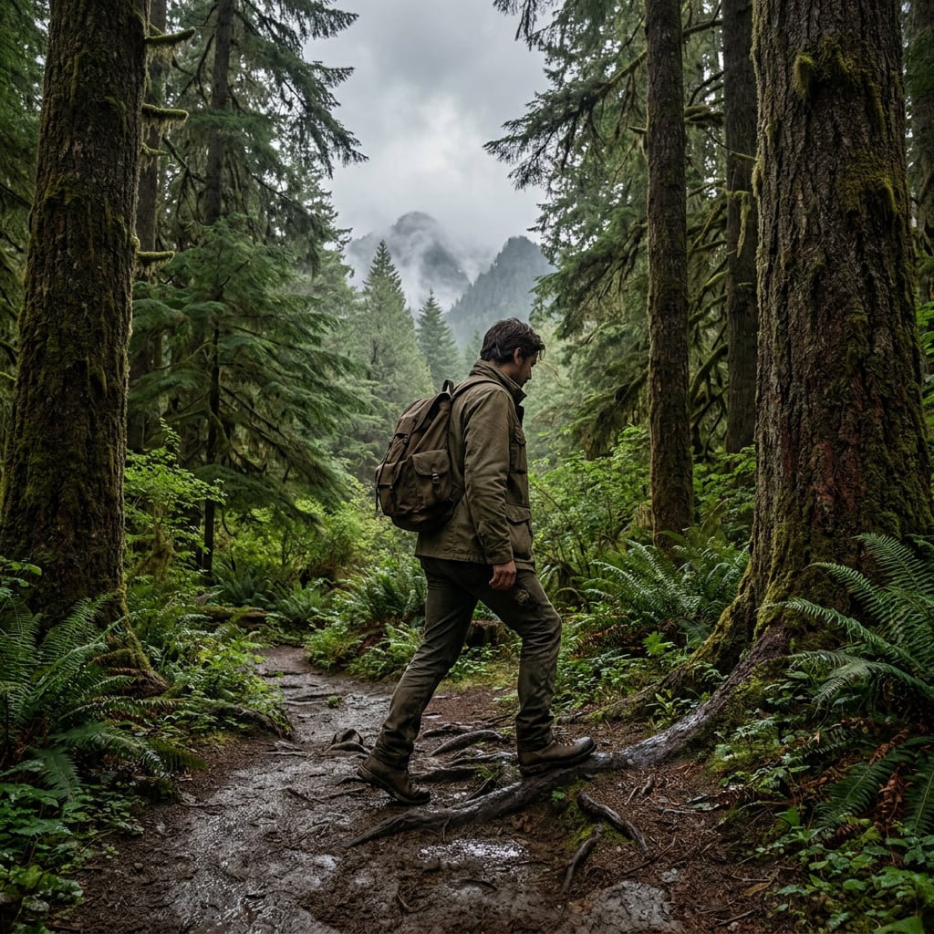 A man walks along a muddy trail in a dense forest surrounded by tall trees and misty mountains.
