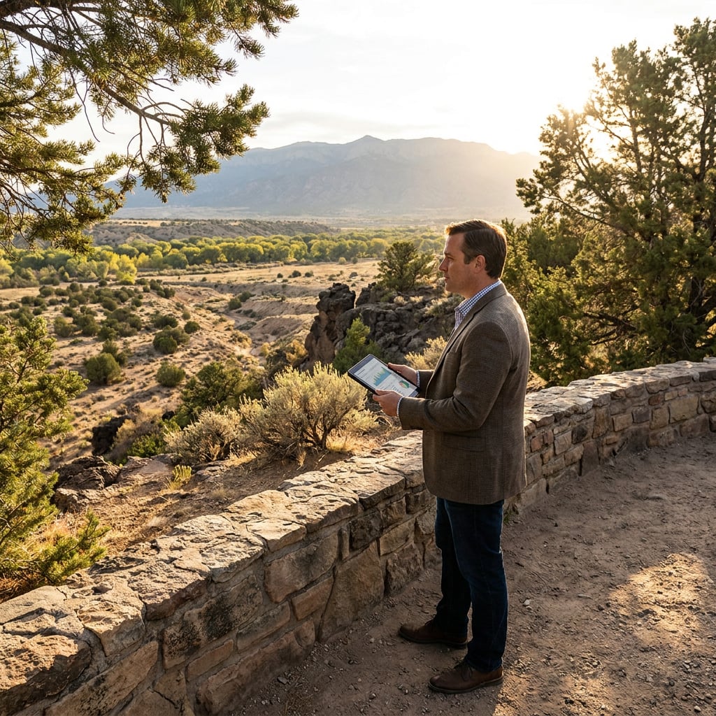 A man stands on a stone wall overlooking a scenic landscape with mountains and trees during sunset.