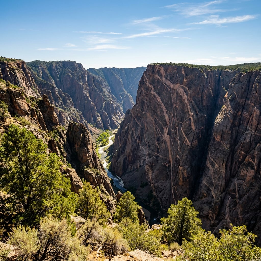 A scenic view of a deep canyon with a river flowing through it.