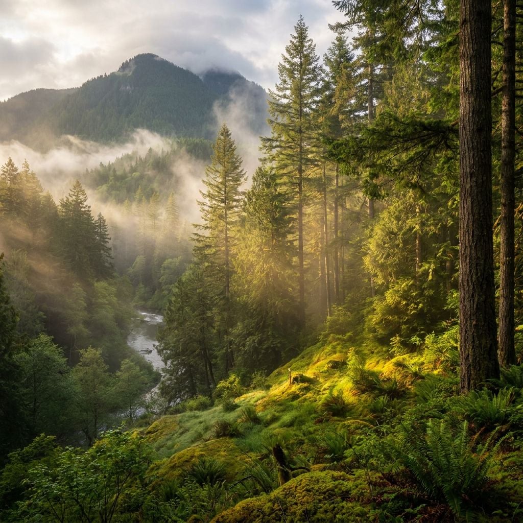 A misty forest landscape with tall trees and a river flowing through it.