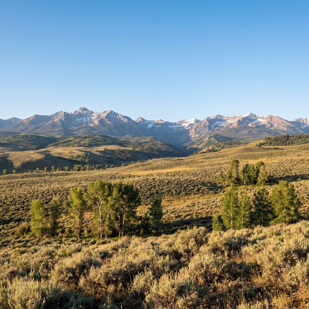 A scenic view of mountains with a clear blue sky and green vegetation in the foreground.