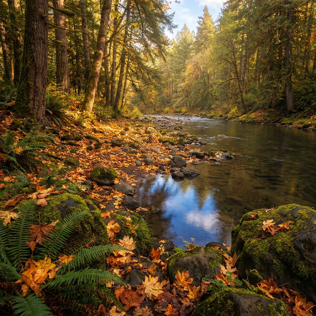 A serene river flows through a forest with autumn foliage.