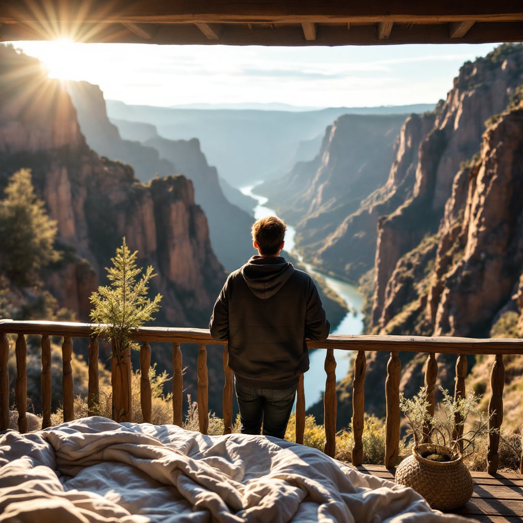 A person stands on a balcony overlooking a canyon with a river running through it during sunrise.
