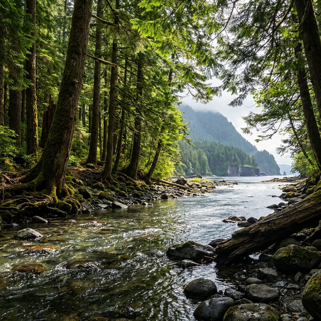 A serene river flows through a lush forest with mountains in the background.