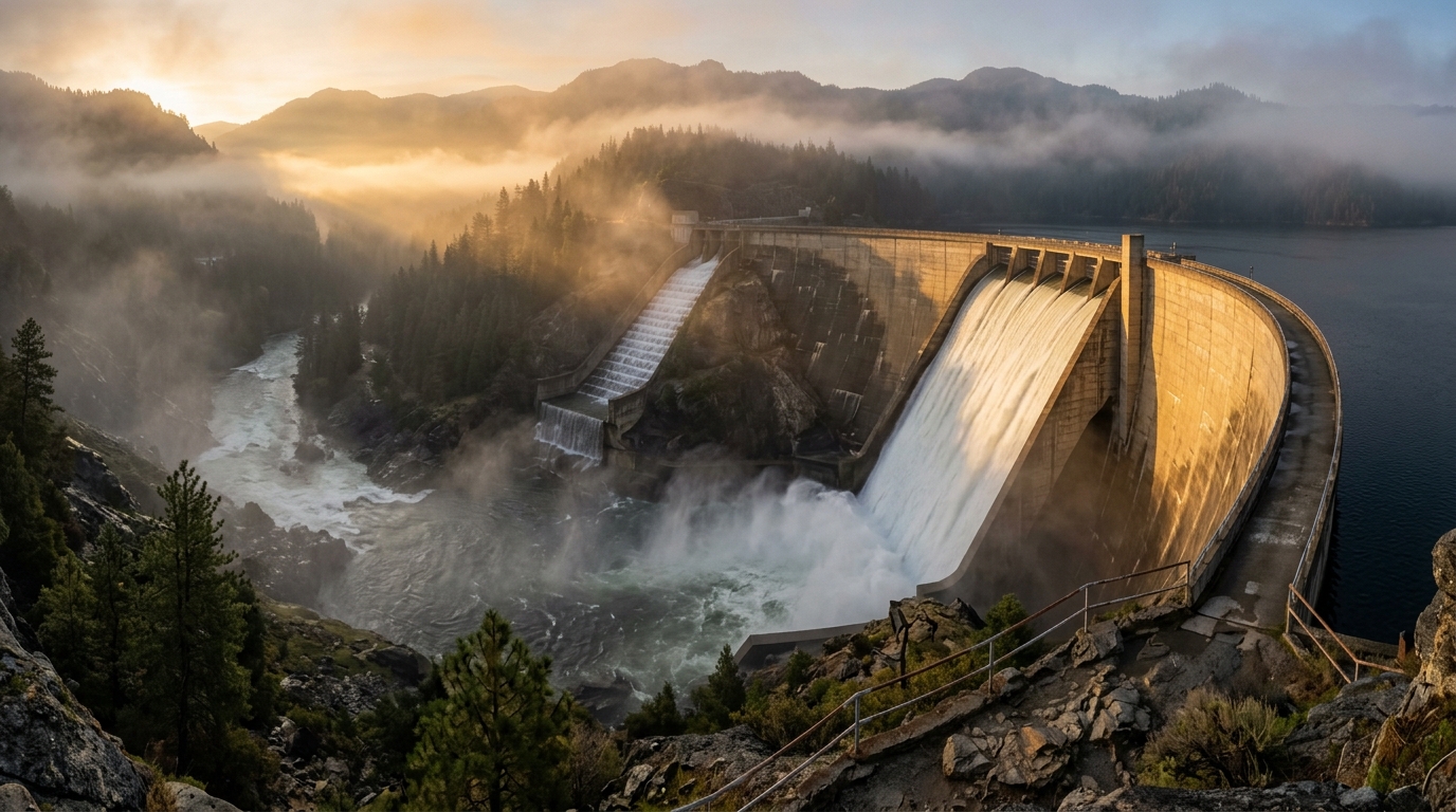 A panoramic view of a dam with water cascading over it, surrounded by mountains and mist.