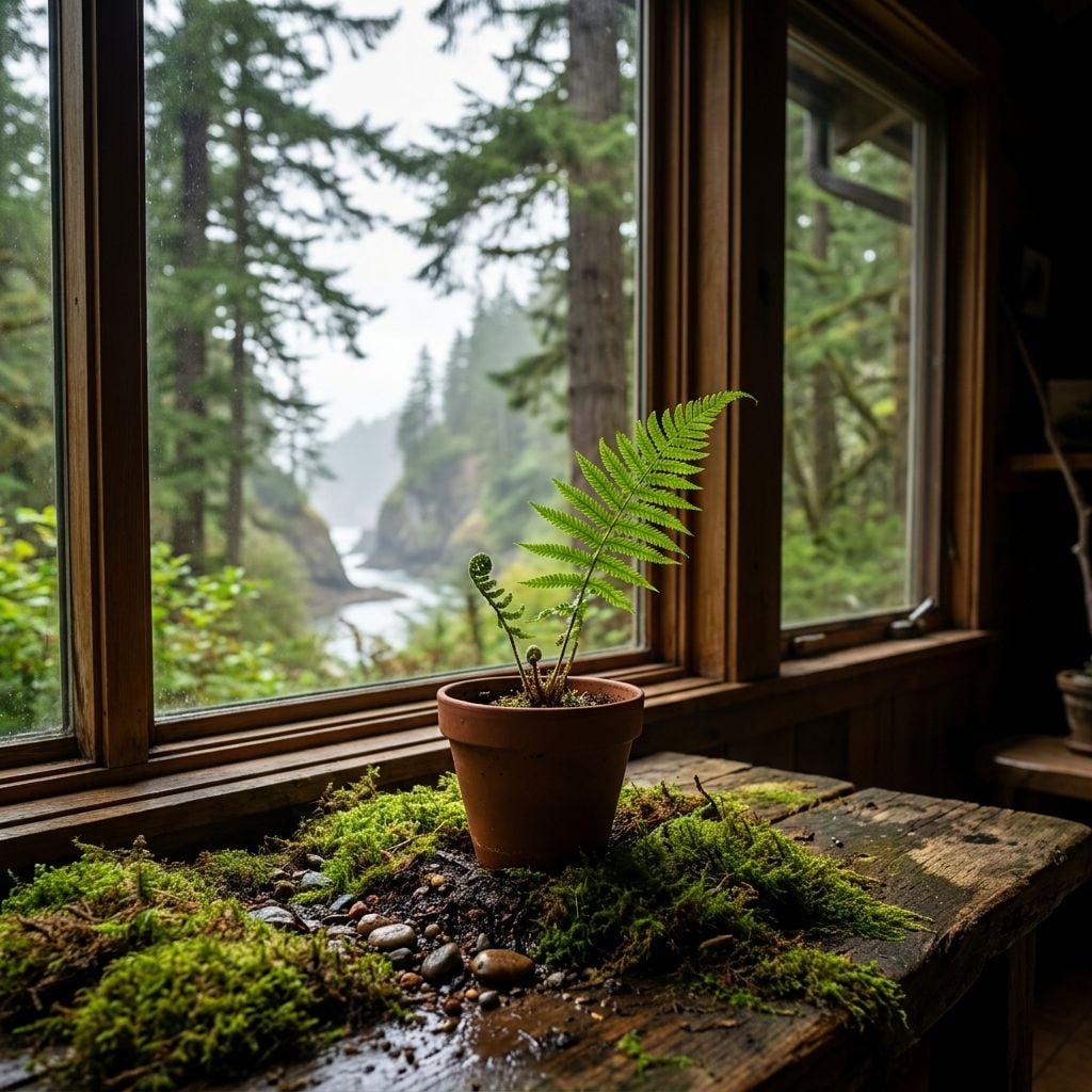 A potted fern sits on a wooden table surrounded by moss, with a view of a misty forest and coastline through a window.