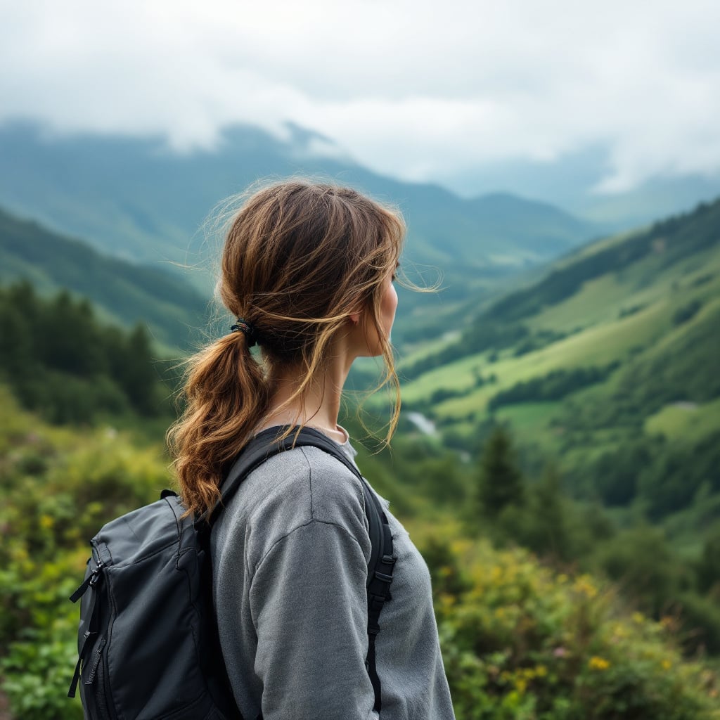 A woman with a backpack gazes at a lush green valley surrounded by mountains.