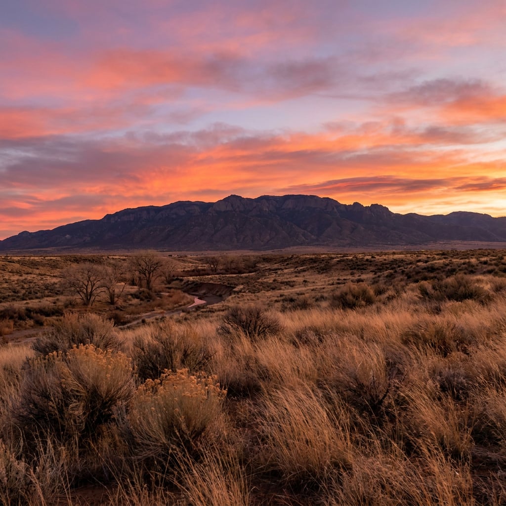 A scenic view of mountains at sunset with a colorful sky and dry grassland in the foreground.