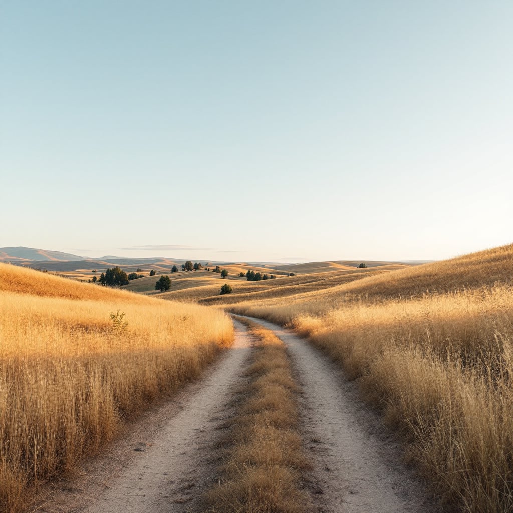A dirt road winds through golden grasslands under a clear sky.