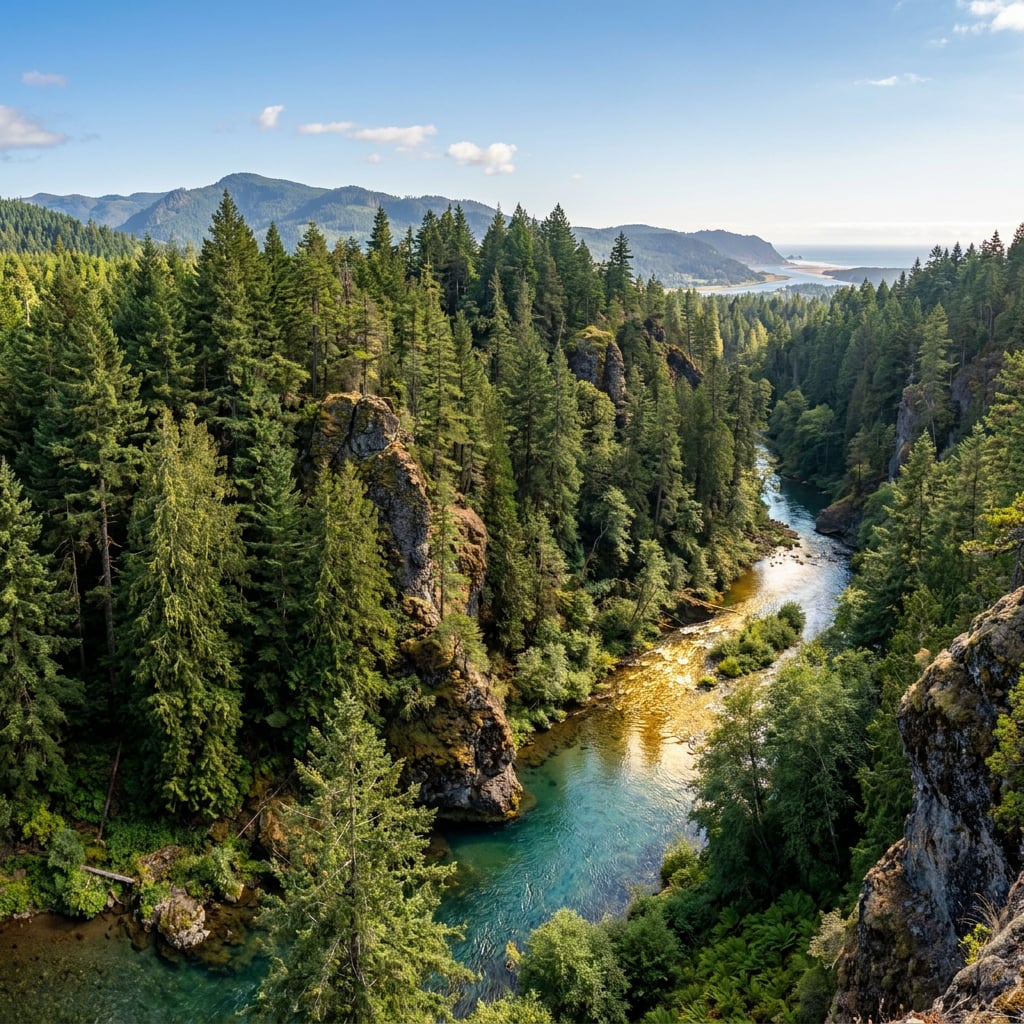 A scenic view of a river flowing through a dense forest with mountains in the background.