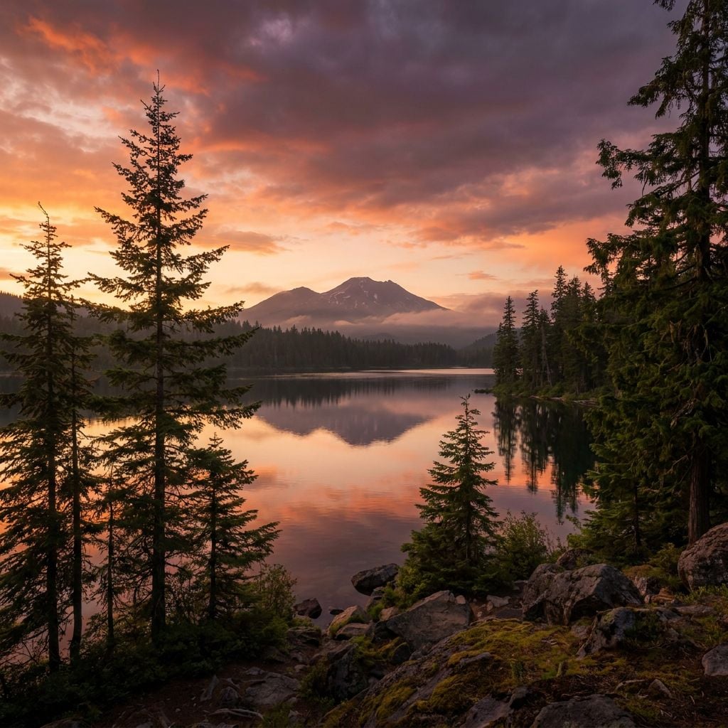 A serene lake surrounded by evergreen trees and a mountain at sunset.
