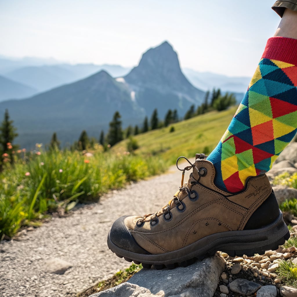 A hiker's boot and colorful sock are positioned on a rocky path with a mountain in the background.