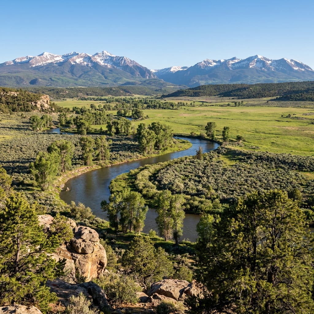 A scenic view of a winding river surrounded by lush greenery and snow-capped mountains in the background.