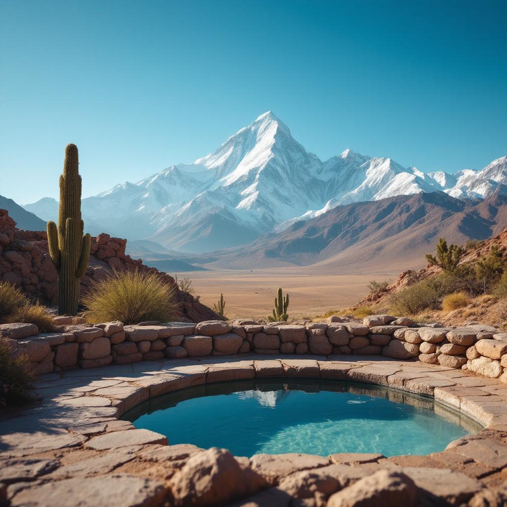 A hot spring pool is situated in a rocky landscape with snow-capped mountains in the background.