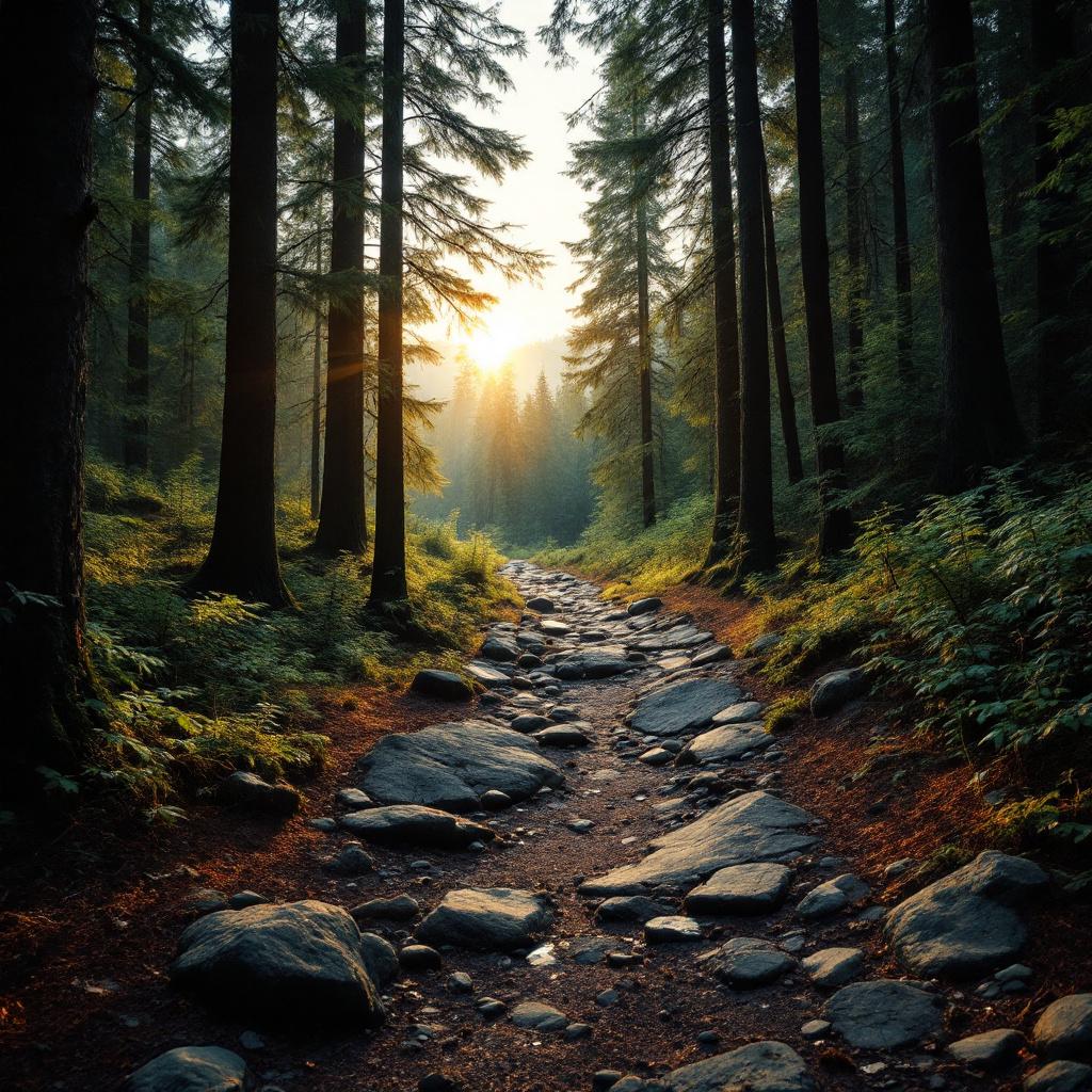 A rocky path leads through a forest with sunlight filtering through the trees.
