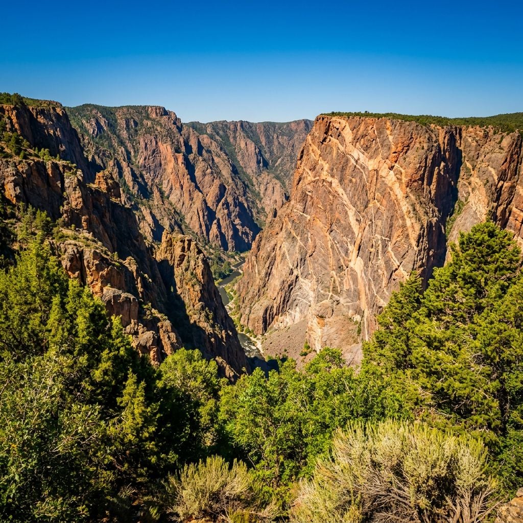 A scenic view of steep, rocky cliffs surrounded by greenery.