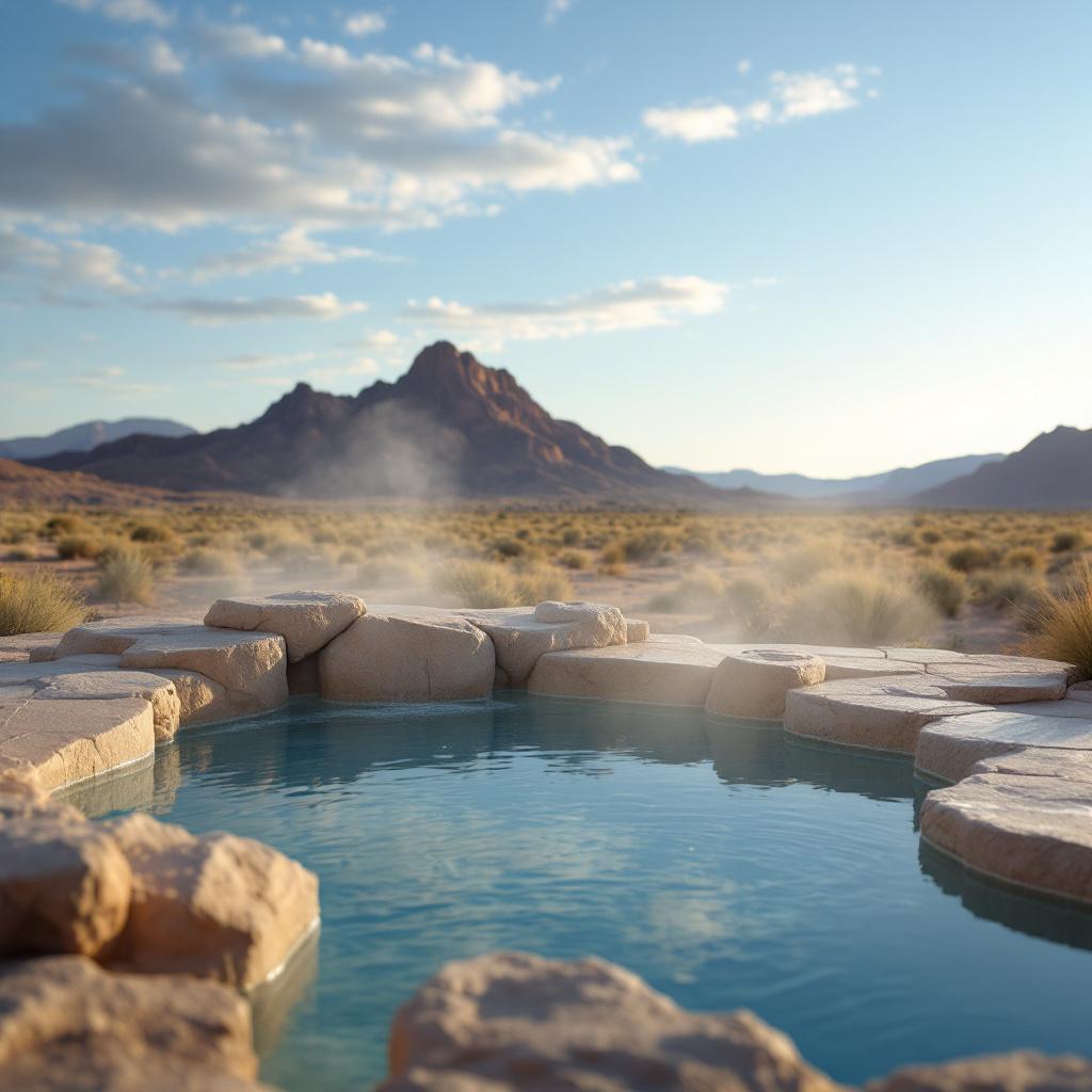 A hot spring surrounded by rocky formations and mountains in the background.