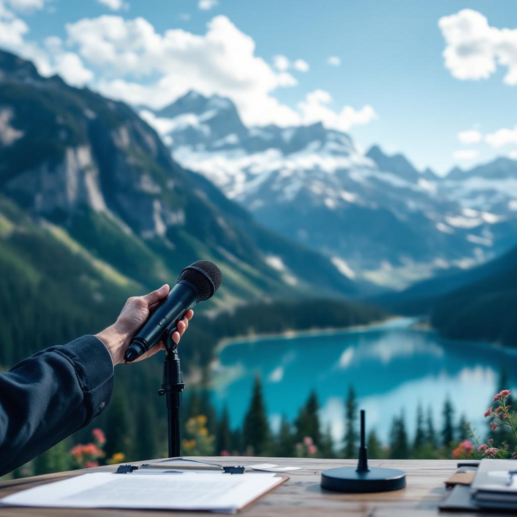 A person holds a microphone in front of a scenic mountain and lake backdrop.