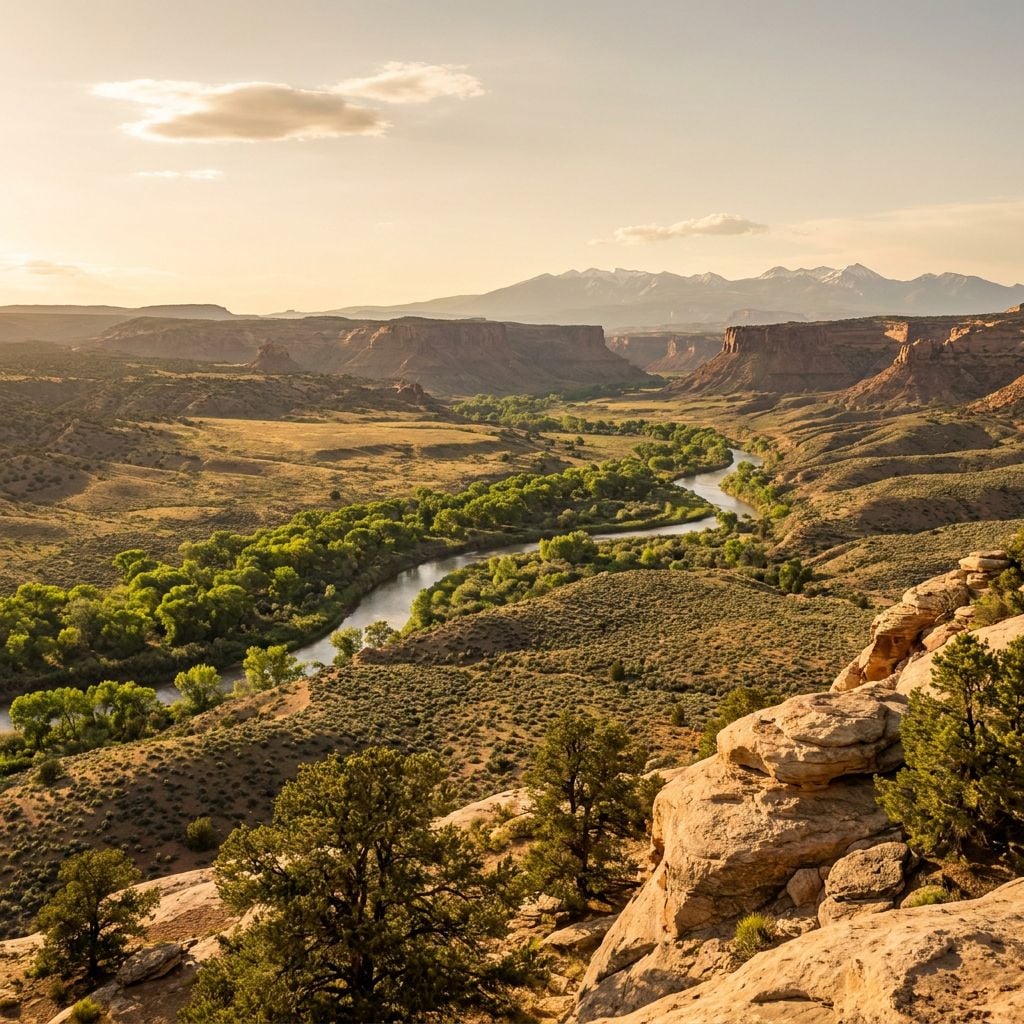 A scenic view of a river winding through a green valley surrounded by mountains.