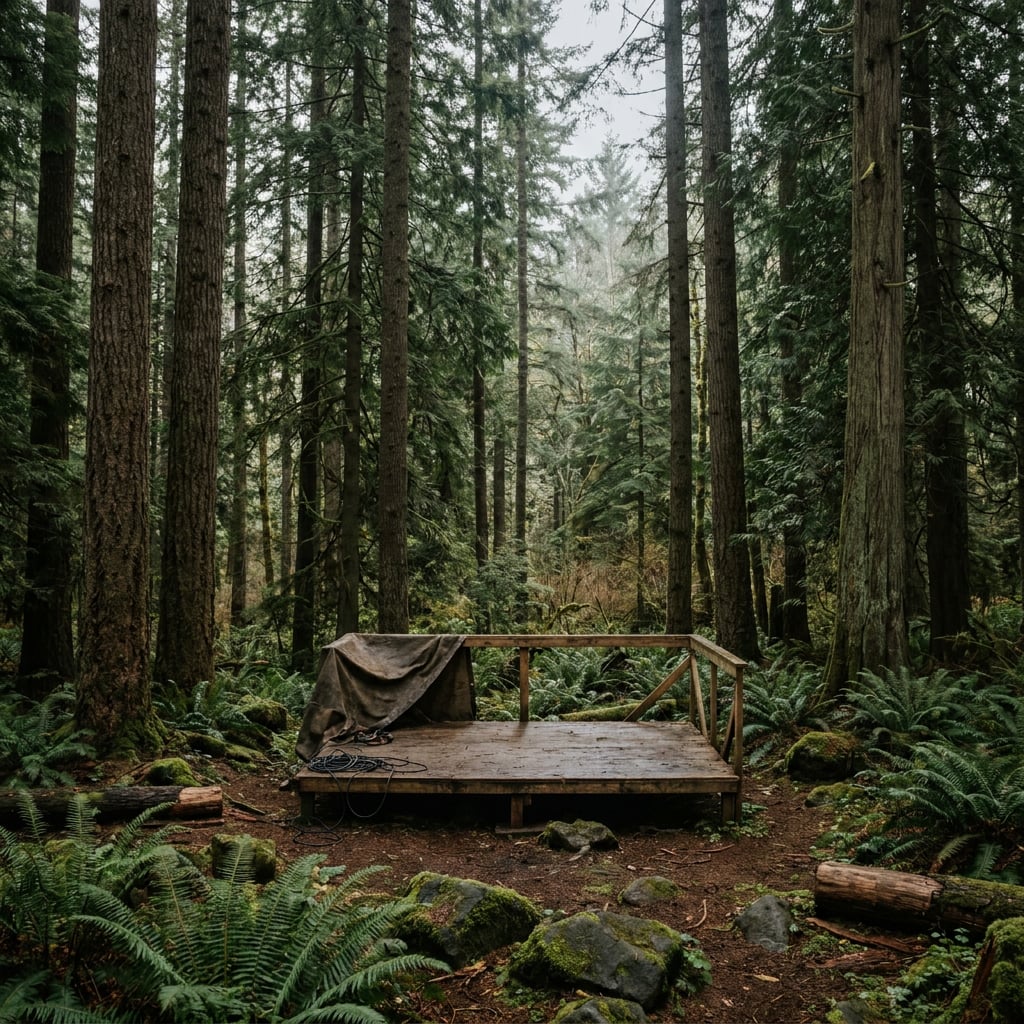 A wooden platform covered with a tarp in a dense forest surrounded by tall trees and ferns.