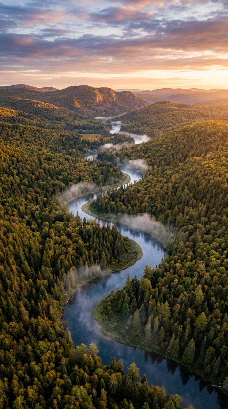 Aerial view of a winding river surrounded by lush green forests and mountains in the background.